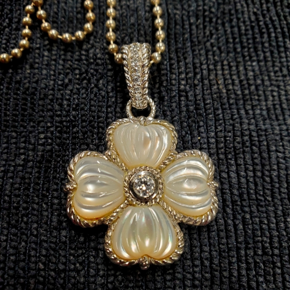 Judith Ripkin Sterling Silver CZ Pearl Stone Flower Cross Pendant Ball  Necklace